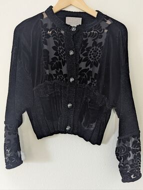 Black Velvet-Accent Sheer Panel Button-Front Top